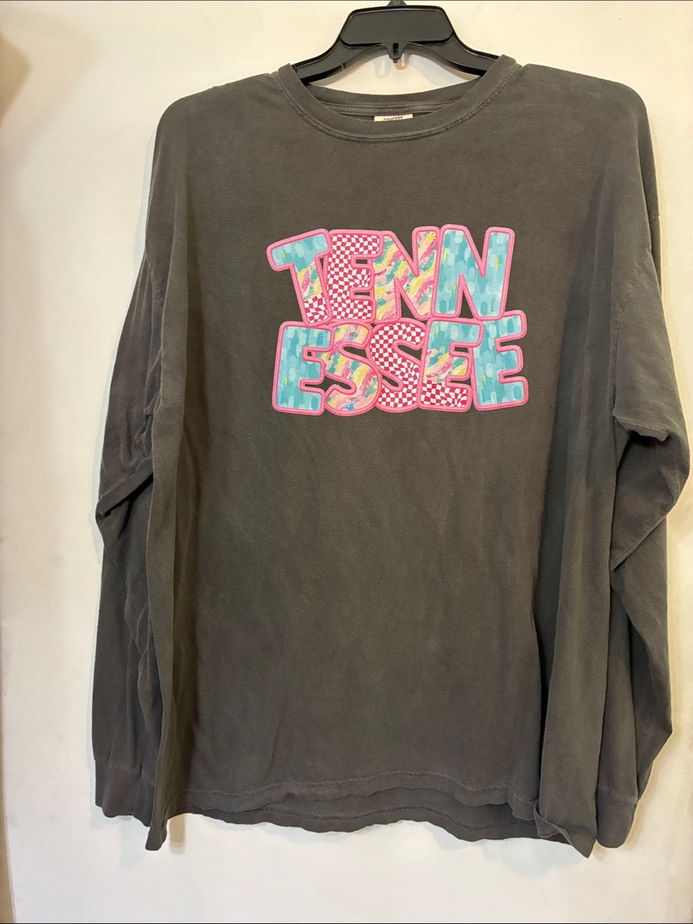 Comfort Colors Long-Sleeve Tee - Charcoal with Pink & Aqua Graphic